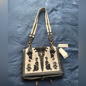 Tory Burch Farrah shoulder bag, black and white embroidered purse, new with tags